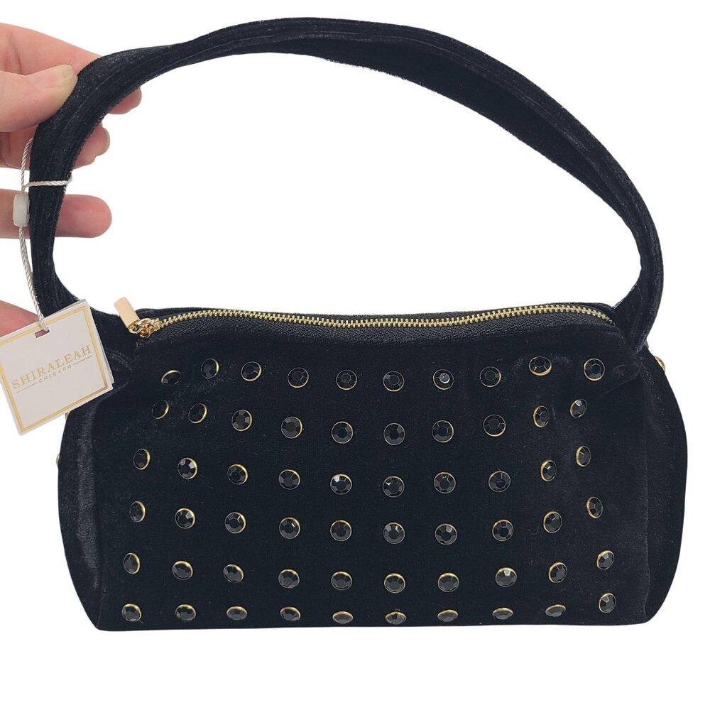 NWT Shiraleah Black Adele Studded Velvet Shoulder Bag With Gold Accents